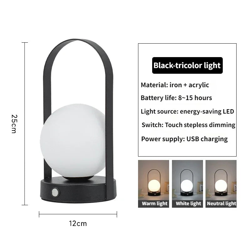 Portable Outdoor Hanging Metal Table Lamp Dimmable Wireless Table Lamp with USB Rechargeable Bedroom Bedside Night Light