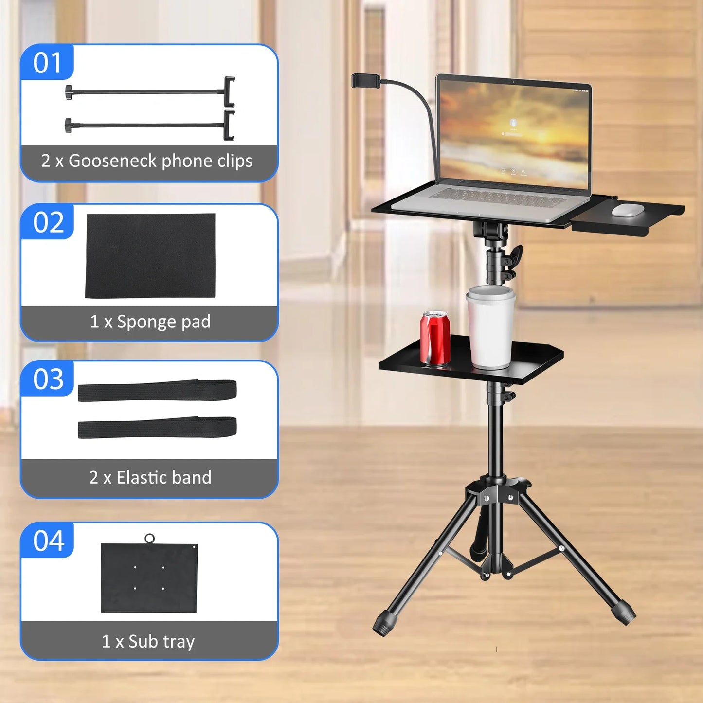 145cm Projector Tripod Stand Laptop Tripod Adjustable Height 23 to 63" Standing Desk Outdoor Computer Desk Stand for Studio