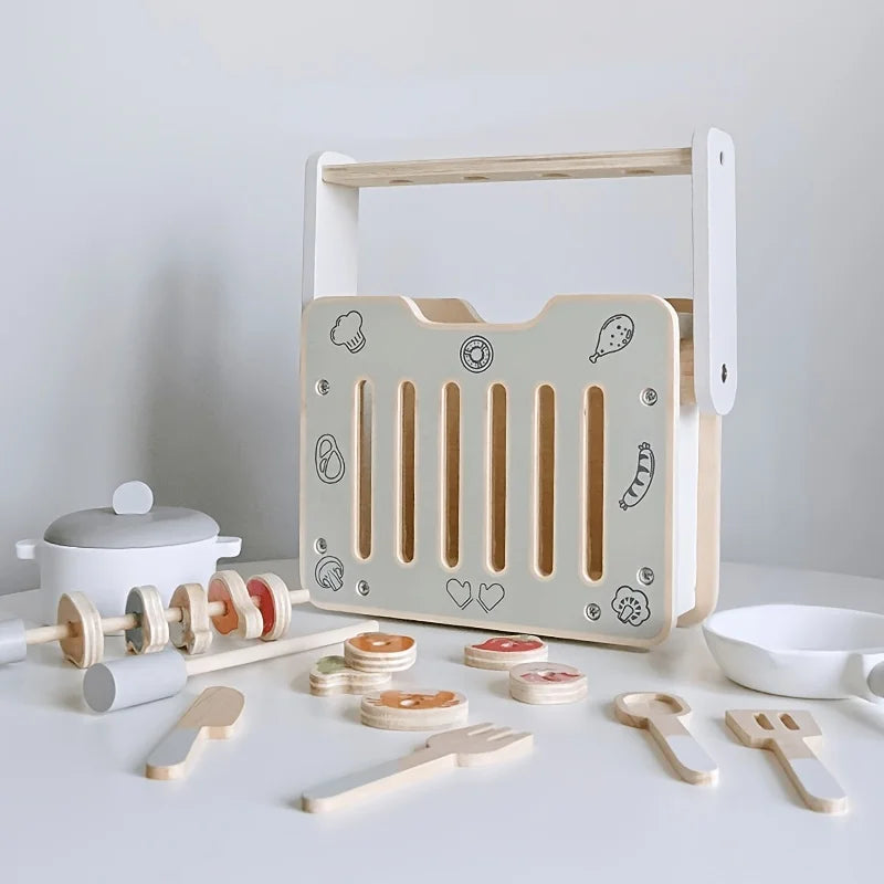 Simulation Wooden Toy BBQ Set Play Role Game Early Learning Educational Toy Cooking Playset for Girls Toddlers Kids Boy Children