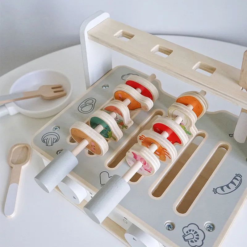 Simulation Wooden Toy BBQ Set Play Role Game Early Learning Educational Toy Cooking Playset for Girls Toddlers Kids Boy Children