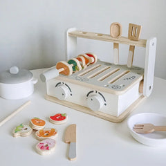 Simulation Wooden Toy BBQ Set Play Role Game Early Learning Educational Toy Cooking Playset for Girls Toddlers Kids Boy Children