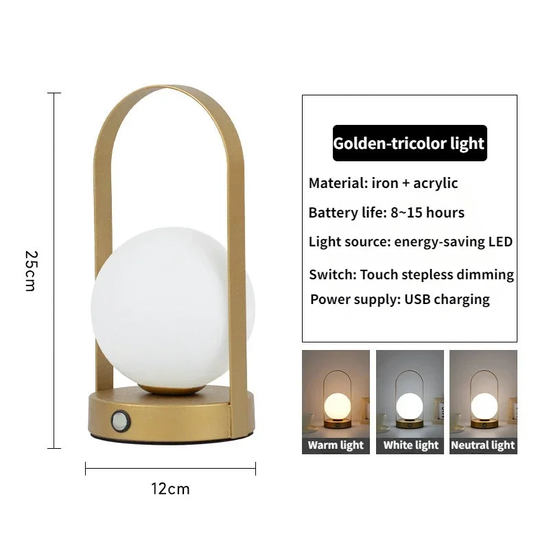 Portable Outdoor Hanging Metal Table Lamp Dimmable Wireless Table Lamp with USB Rechargeable Bedroom Bedside Night Light